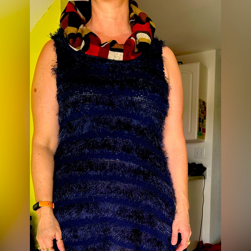 Navy blue furry tunic with contrast lining on hood, dumb clothing, size L